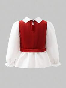 女童春秋休闲装，红色蝴蝶结装饰针织天鹅绒拼布衬衫，荷叶边下摆，搭配仿珍珠喇叭裤，2 件套，适合返校、休闲、时尚、甜美、舒适的户外/旅行穿着