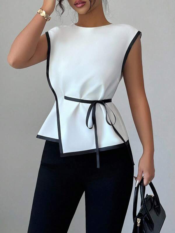 Elenzga Women's Elegant Fitted Two-Tone Blouse, Suitable For Commuting