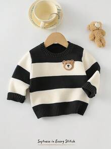 Cozy Pixies Baby Boy Cartoon Bear Striped Pattern Crew Neck Long Sleeve Sweater - Black and White - View 3