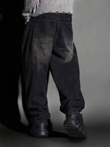 SUMWON Cotton Baggy Carpenter Denim Wide Leg Skater Fit Jean Distressed Raw Hem Loose Fit Vintage Washed Dark Denim For Urban Streetwear Fashion Forward Y2K Look Plain - Black - View 2