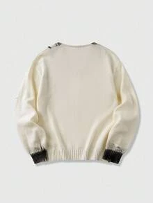 ROMWE MEN Street Life Men's Casual Gothic Graphic Pattern Colorblock V-Neck Pullover Sweater, Autumn/Winter - White - View 2