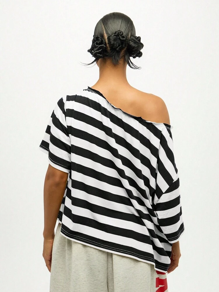 SUMWON WOMEN Oversized Off Shoulder Striped Top With Twist Detail