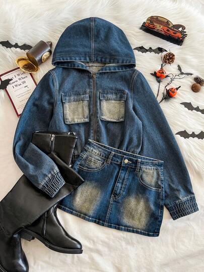 Attitoon Women's Casual Washed Hooded Jacket And Denim Skirt Set Autumn Outfits For Women Halloween Costume Women Halloween Costumes Zip Up Women Blue Denim Hooded Zip Front Jacket With Pockets And Elastic Cuffs Casual Style