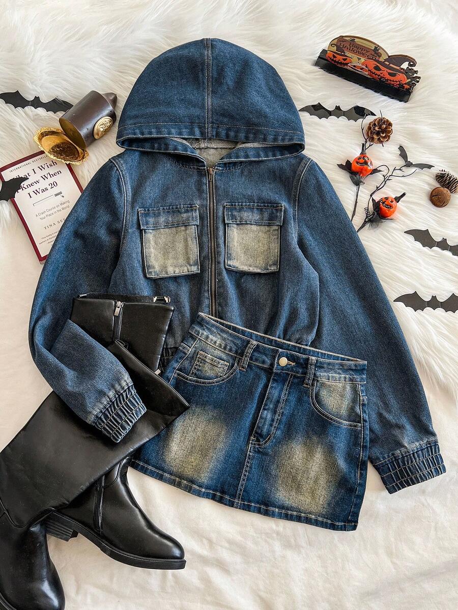 Attitoon 女式休闲水洗连帽夹克和牛仔裙套装秋季女装万圣节服装女式万圣节服装拉链女式蓝色牛仔连帽拉链夹克，带口袋和松紧袖口，休闲风格 - 深色水洗藍 - 查看 1