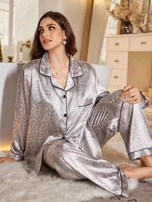 LuxeNights Plus Size Elegant Faux Silk Leopard Print Loungewear Set, Suitable For Indoor & Outdoor Wear Fall Winter Clothes - Grey - View 5