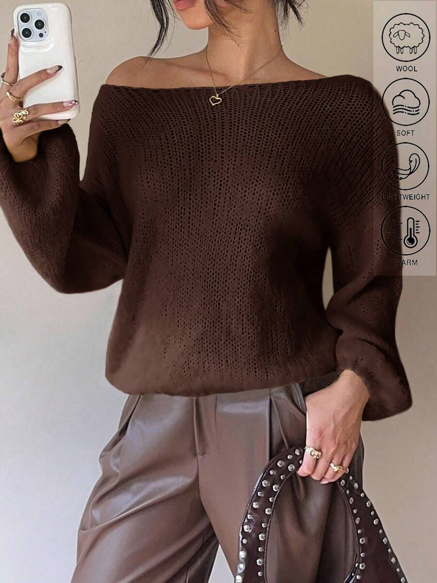 Serisse Fall Women Clothes Off The Shoulder Sweater Women's Casual Solid Color Fluffy Knit Sweater With Blend, Drop Shoulder Ribbed Knit Top For Business Casual, Teacher, Daily, Commute, Outing, 2025 New Autumn Fashion Must - Have, Fall Outfits For Women,Brown Top,Fall,Fall Clothes For Women Winter
