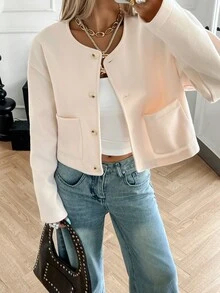 Siren Gaze 女士圆领夹克，休闲街头风格女士夹克，办公室穿着，百搭百搭外套，女士秋冬服装 - 杏色 - 查看 6