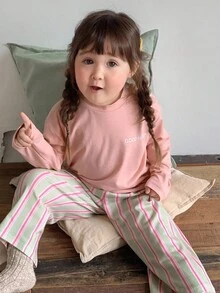 DAZY 2 件套幼儿女童圆领休闲短袖 T 恤和条纹宽松裤睡衣套装 - 淺粉色 - 查看 3