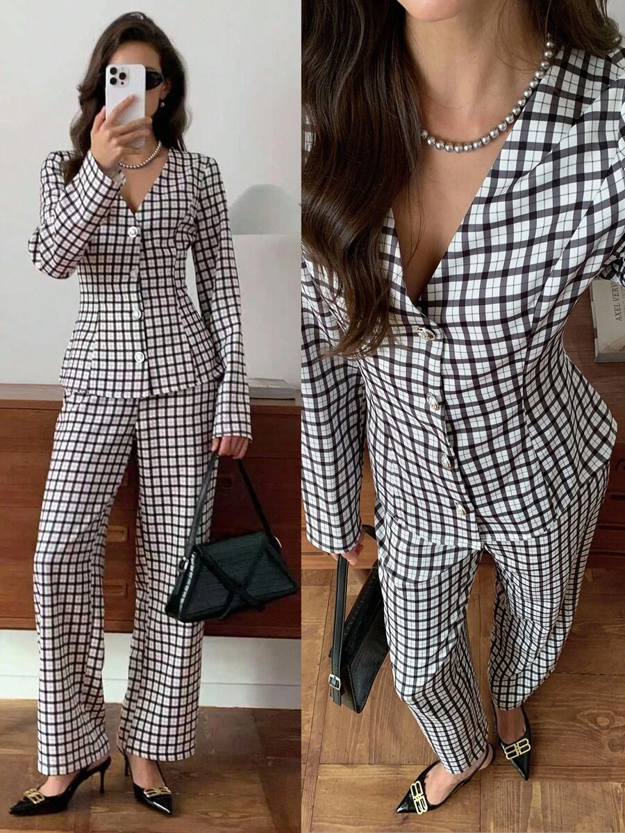 Elyressa 2 piezas Conjunto de pantalón y blusa de manga larga con botones a cuadros para mujer - Negro - Ver 1