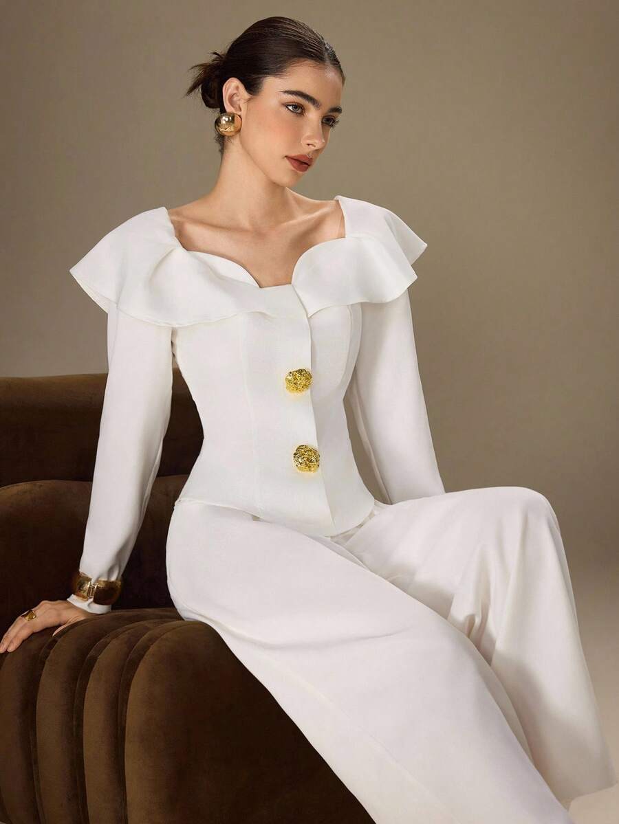Modelyn Conjunto de 2 piezas con top con volantes de unicolor elegante y pantalones de corte holgado para mujer - Blanco - Ver 1