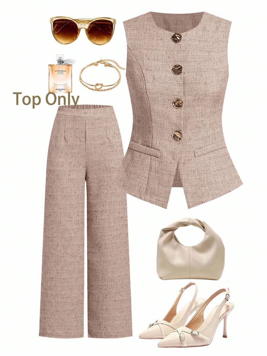 Ellevyn Conjunto de chaleco, pantalones y camisa de negocios informales de moda de verano para tallas grandes - Rosa - Ver 1