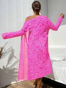 Swim Lushoire Women's 3pcs Beach Summer Outfits Set: Swimsuit + Random Printed Cover-Up - Hot Pink - View 2
