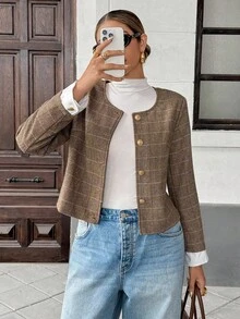 Chiquease 女式秋季格纹长袖金属纽扣优雅夹克 - 咖啡棕 - 查看 3