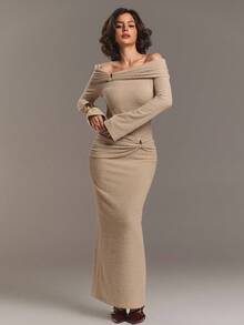 Aloruh Women's New Year's Look Autumn And Winter Khaki Apricot One-Shoulder Off-Shoulder Simple Fashion Street Pleated Waist Metal Decoration Slim Long Skirt, Versatile Long-Sleeved Knitted Dress, Autumn And Winter Base Dress Prom Dress,Vestidos Elegantes