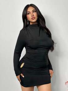 Firerie Vestido mini ajustado de manga larga con cintura fruncida, decoración de hebilla de metal negro, elegante y sexy para talla grande, ideal para fiestas, citas y festivales de música en primavera/otoño - Negro - Ver 4