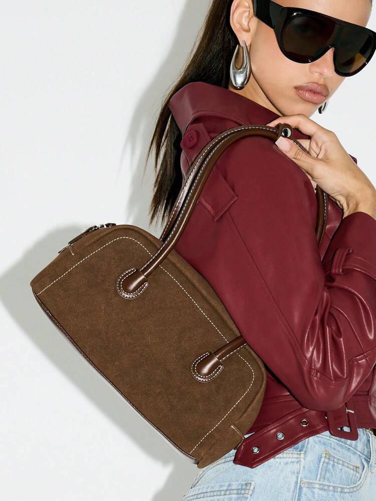 KIZN Half Moon Bowling Bag With Double Handle Suede Material