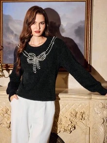 Vintamour Vintage Classic Elegant Party Women Sweater, Autumn/Winter Loose Faux Fur Rhinestone Pearl Knit Long Sleeve Black Sweater Winter Clothes For Women New Year Women's Clothes Sparkly Sweater Black Top - Black - View 4