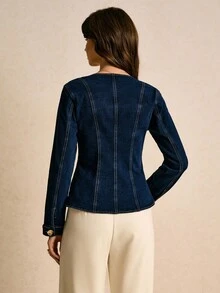 Poéselle 女式秋季金属单排扣天鹅领长袖时尚牛仔夹克深蓝色上衣法式风格衣服女式牛仔上衣女式西部上衣女式束腰上衣商务休闲女式长袖女式工装裤 - 深色水洗藍 - 查看 2