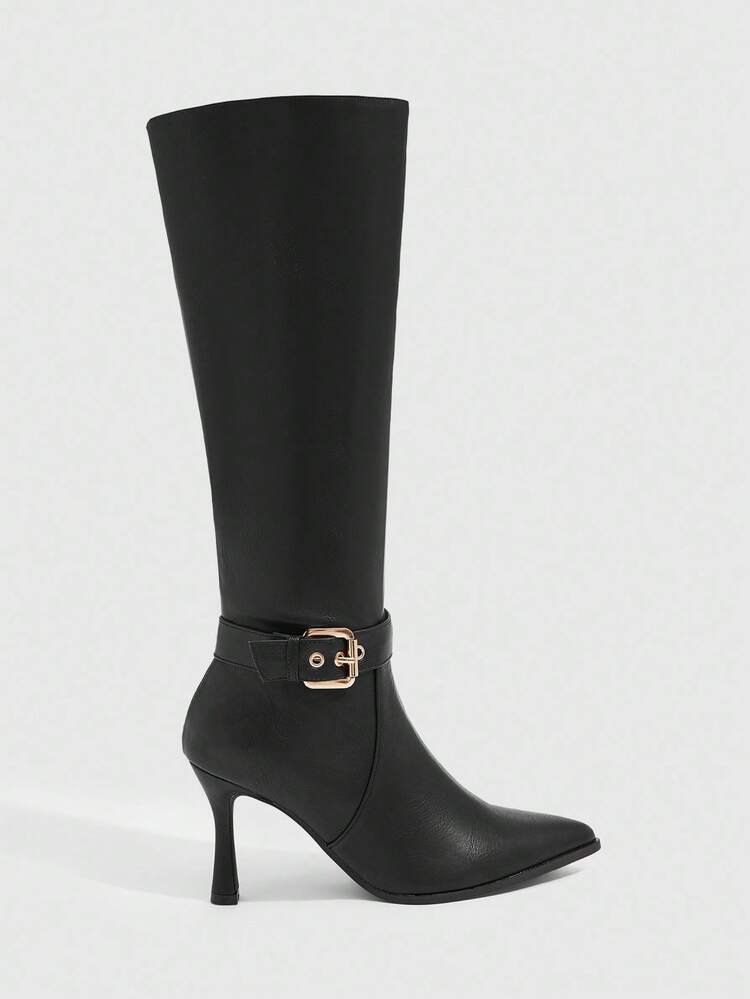CUCCOO SZL Women's Autumn/Winter New Tall Boots, Black Pointed Toe Slim Stiletto Heel Elastic Riding Boots With Metal Decor