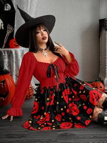 Whyspr Nuevo vestido corto elegante de línea A con cintura ceñida, diseño de vacaciones de Halloween con estampado de calabaza, manga de farol con lazo decorativo en el cuello, romántico - Burdeos - Ver 7