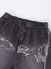 2 件套青少年女孩街头时尚星星贴花短款上衣 + 牛仔效果印花宽松工装裤，休闲套装 - 黑色 - 查看 6