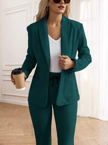 Miaspire Women Autumn Casual Single Button Business Blazer And Drawstring Waist Tapered Pants Set - Teal Blue - View 5