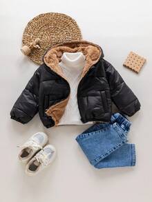 SHEIN 女婴可爱百搭保暖连帽夹克，秋冬 - 黑色 - 查看 9