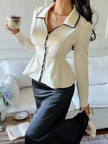 Serisse Elegant Black And White Contrast Trim Puff Sleeve Fitted Shirt For Women,Autumn Waist-Cinching Peplum Hem Blouse,Business Casual Tea Party Office Tops - Apricot - View 8