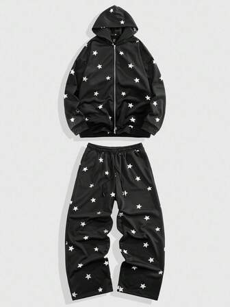 Street Life طقم هوديي وبنطلون رياضي بنمط السماء النجمية للرجال، ملابس الخريف