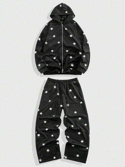 Street Life طقم هوديي وبنطلون رياضي بنمط السماء النجمية للرجال، ملابس الخريف