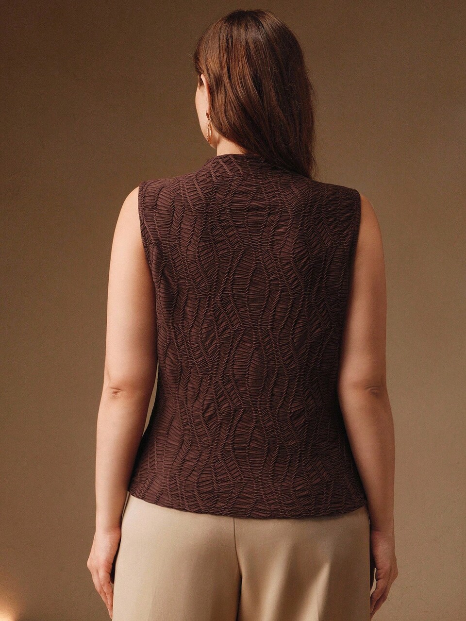 Plus Size Women Brown Textured Fabric Sleeveless Ruffle Collar Fitted Tank Top,Elegant,Formal,Work,Summer,Party,Chic,New Year,Christmas,Graduation