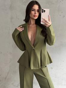 Firerie Women's Elegant Commuter Casual Daily Urban Chic Teacher Outfit, New Stylish Blazer Jacket With Waist Cinching And High-Waisted Pants, 2 Pieces Set In Military Green, Autumn/Winter