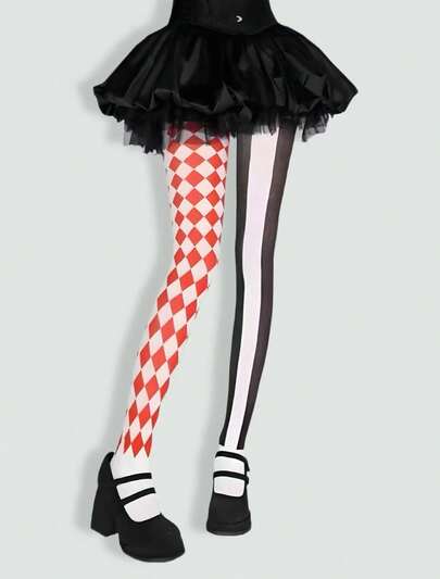 Goth 1 pieza Medias/Mallas/Leggings asimétricos y sexys de mujer de alta elasticidad a cuadros en blanco y negro
