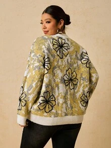 Travachic Plus Size Cardigan Sweater, Women's Winter Sweater Fall Clothes For Women, New Year Outfit, Thanksgiving Outfit For Women, Elegant Women's Blouses, Casual Blouses For Women, Brown Top Warm And Comfortable Sweater, Yellow Floral Patterned Knitted Jacket Containing Wool