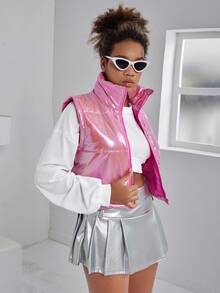 SHEIN Explorewe Teenage Girls Iridescent Short Padded Vest - Hot Pink - View 8
