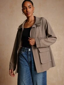 Lyxana Áo khoác nữ cổ đứng rộng rãi, thoải mái, thắt eo, thanh lịch, dáng trễ vai - Màu nâu  Mocha - Xem 6