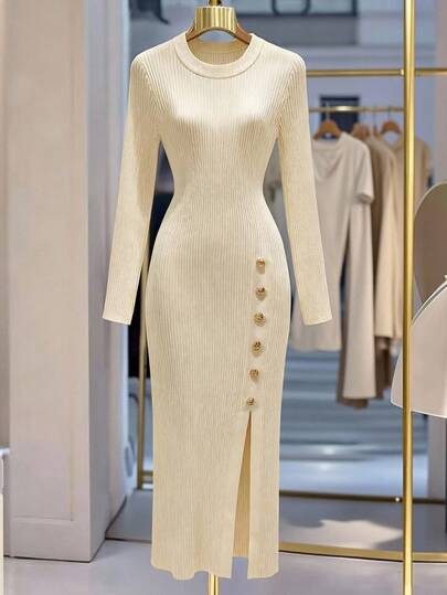 Franclia New Autumn Women's Dress, European & American Style, Bodycon Solid Color Button Front Long Sleeve Split Hem Sexy Bodycon Dress Fall Winter Cloth For Women