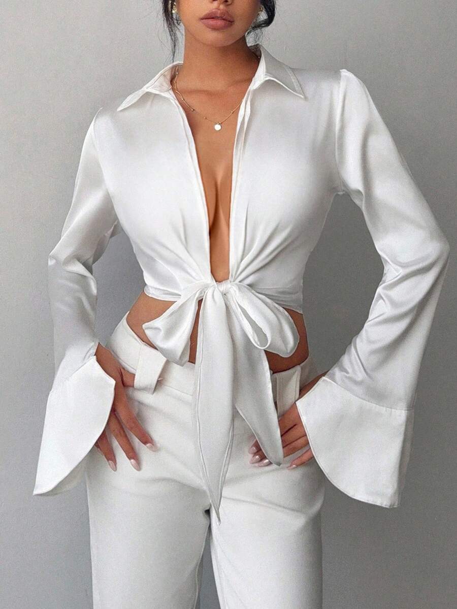 Áo cánh tay chuông buộc trước thanh lịch dành cho nữ, mùa thu - trắng - Xem 1