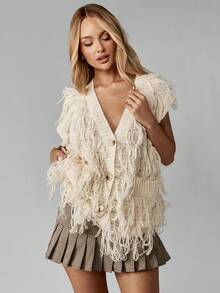 MISSGUIDED 针织纽扣前开襟毛衣背心，带流苏细节，秋冬分层单品，舒适休闲时尚，节日派对装，秋季 - 米色 - 查看 1