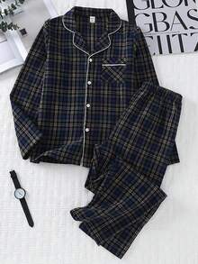 Conjunto de pijama casual y cómodo con cardigan de cuello de solapa a cuadros y pantalones para adolescentes