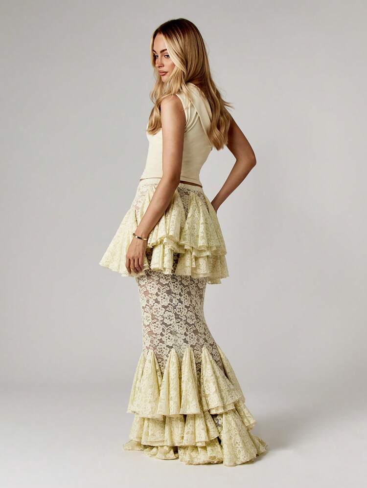MISSGUIDED Tiered Lace Maxi Skirt With Peplum Ruffle Overlay