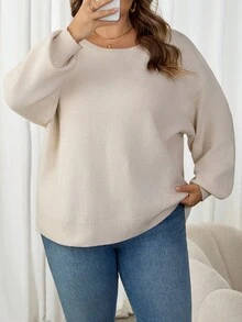 SHEIN CURVE+ Plus Size Women Casual V-Neck Bowknot Open Back Loose Pullover Sweater, Autumn/Winter Knit Top - Apricot - View 2