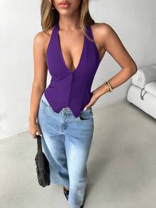 Aloruh Women's Sexy U-Neck Hook Design Open Back Halter Top - Purple - View 5