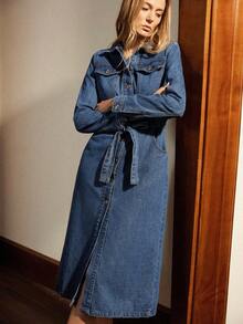 Écloséra Fake Pocket-Breasted Belted Denim Dress - Blue - View 5