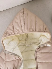 SHEIN 男婴/女婴米色冬季保暖内衬连帽拉链夹克，休闲百搭多功能柔软舒适外套，适合在雪地玩耍 - 杏色 - 查看 3