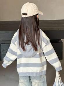 DAZY 年轻女孩条纹落肩长袖纽扣半襟休闲连帽毛衣，秋冬 - 藍色 - 查看 3