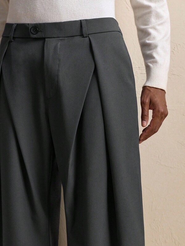 AKNOTIC Men's Solid Color Casual Pleated Pants With Belt Loops, Fashionable Grey Linen, For Fall