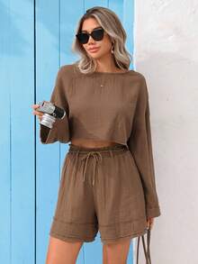 Vivid Eden Women's 100% Cotton Solid Cropped Top And Shorts 2 Pieces Set,Coffee Brown,Autumn,Casual,Vacation,Holiday Comfortable Fall Clothing Two Piece Set - Multicolor - View 5