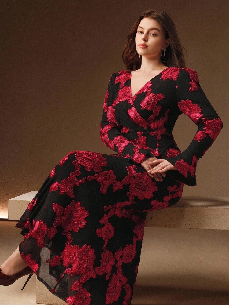 Valentine Plus Size Women's V-Neck Ruched Waist Bodycon Dress, Fall Dresses For Women