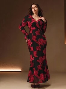 Anewsta 大码女式V领褶皱腰修身连衣裙，女士秋季连衣裙 - 玫瑰紅 - 查看 6